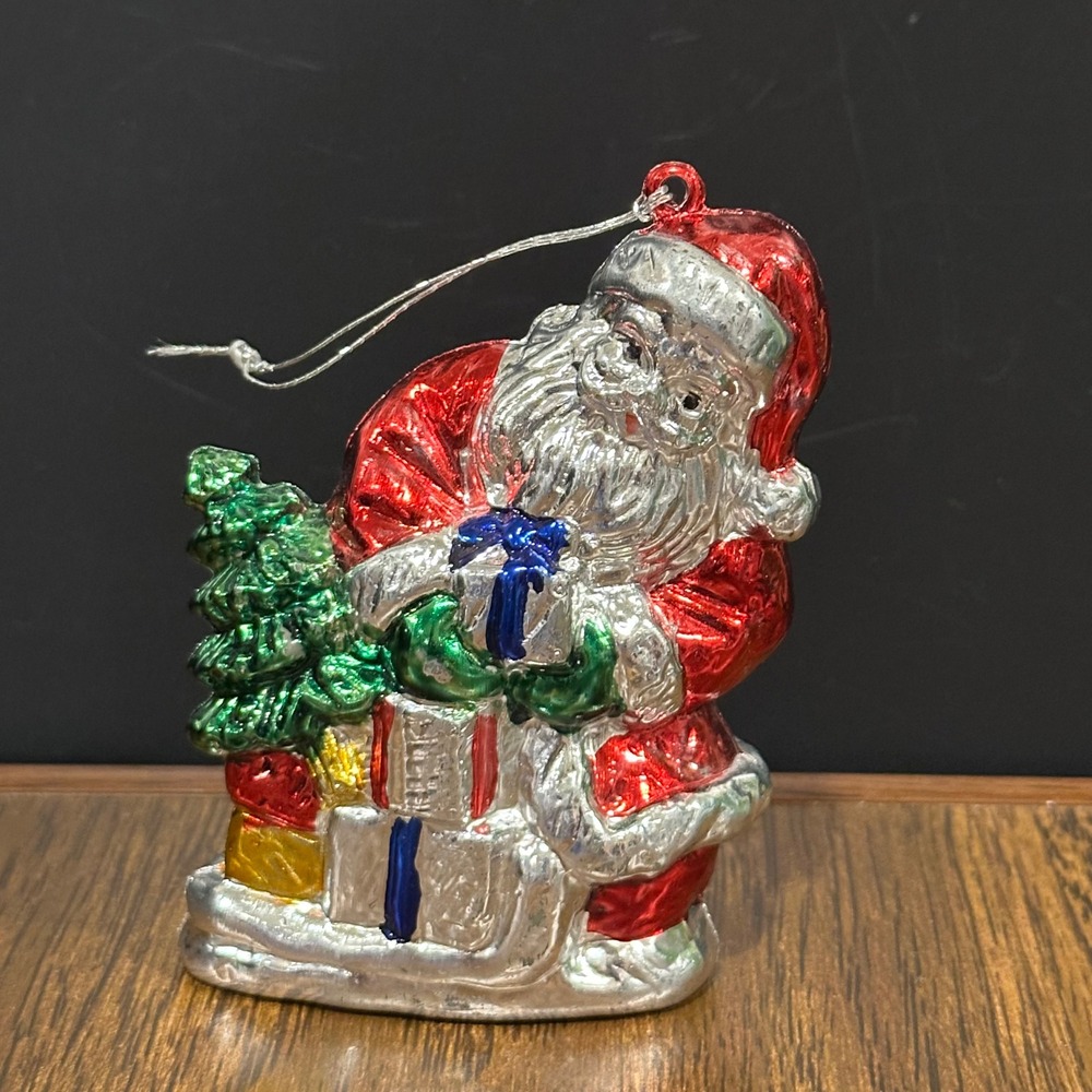 Vintage Santa Claus Christmas Ornament Metallic Foil Red Silver Presents Tree